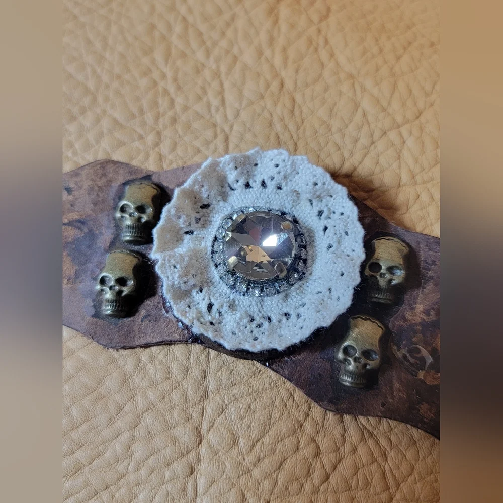 Leather & Lace Cuff Bracelet With Skulls & Crystal Rhinestones Handmade - Picture 10 of 12